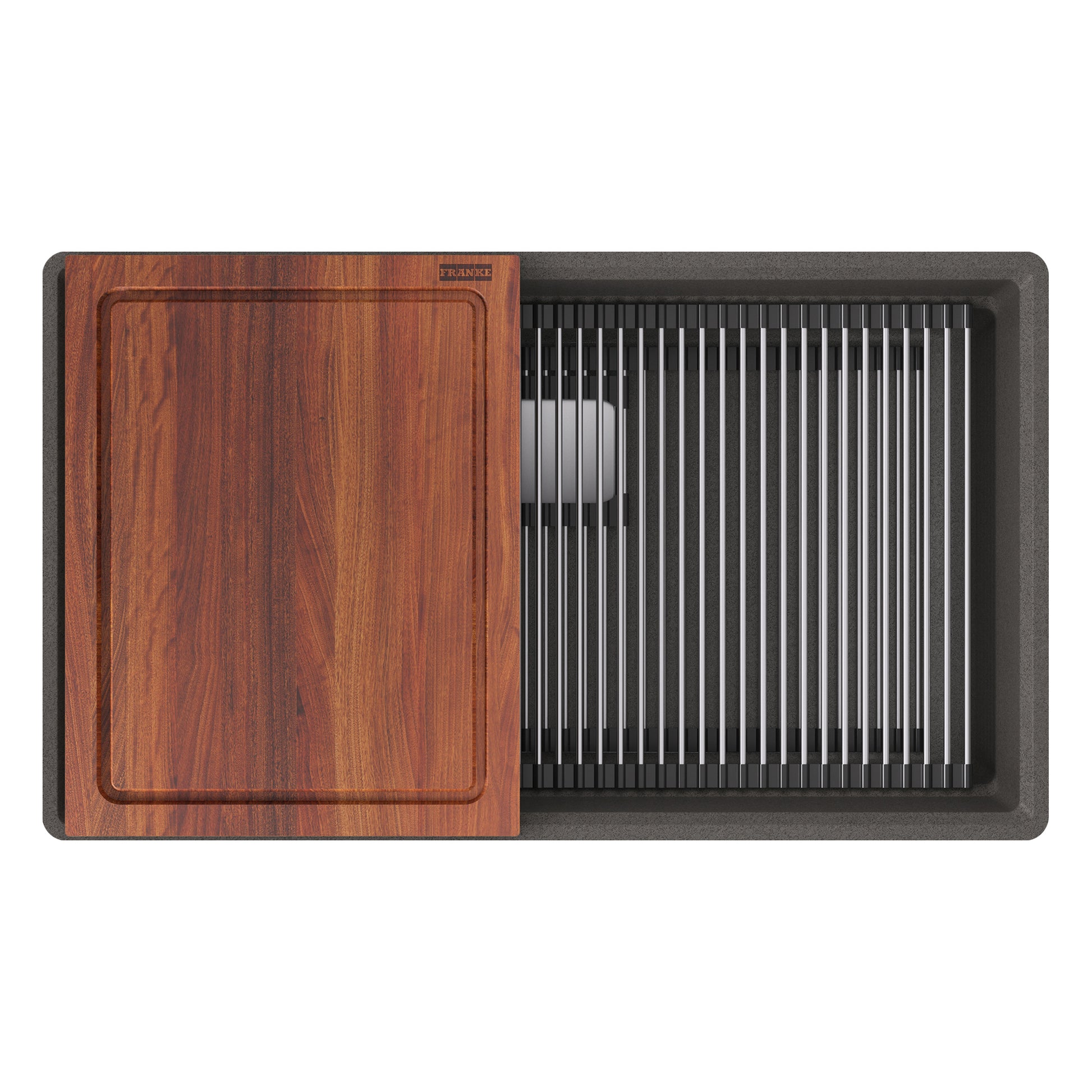 FRANKE PKG11031SLG-WKC Peak 32.0-in. x 18.8-in. Granite Undermount Single Bowl Workcenter Kitchen Sink in Stone Grey