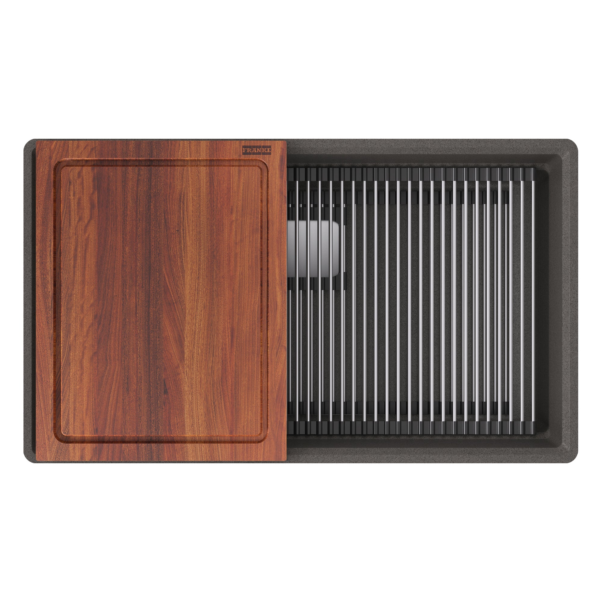 FRANKE PKG11031SLG-WKC Peak 32.0-in. x 18.8-in. Granite Undermount Single Bowl Workcenter Kitchen Sink in Stone Grey