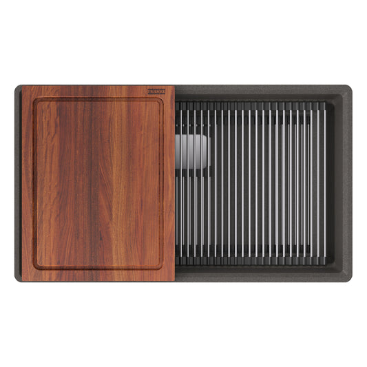 FRANKE PKG11031SLG-WKC Peak 32.0-in. x 18.8-in. Granite Undermount Single Bowl Workcenter Kitchen Sink in Stone Grey