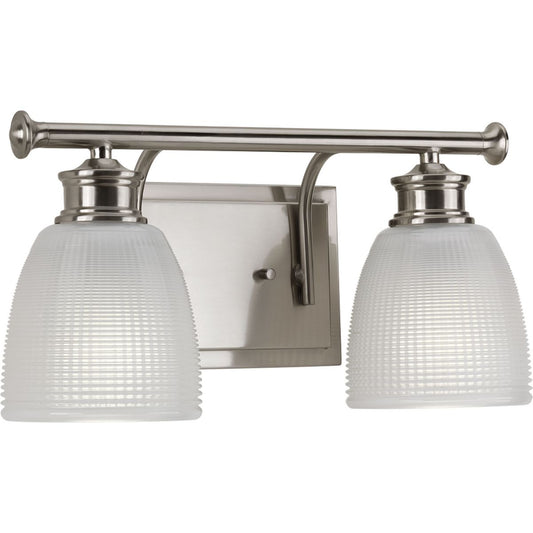 PROGRESS LIGHTING P2116-09 Brushed Nickel Lucky Collection Two-Light Brushed Nickel Frosted Prismatic Glass Coastal Bath Vanity Light