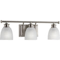PROGRESS LIGHTING P2117-09 Brushed Nickel Lucky Collection Three-Light Brushed Nickel Frosted Prismatic Glass Coastal Bath Vanity Light