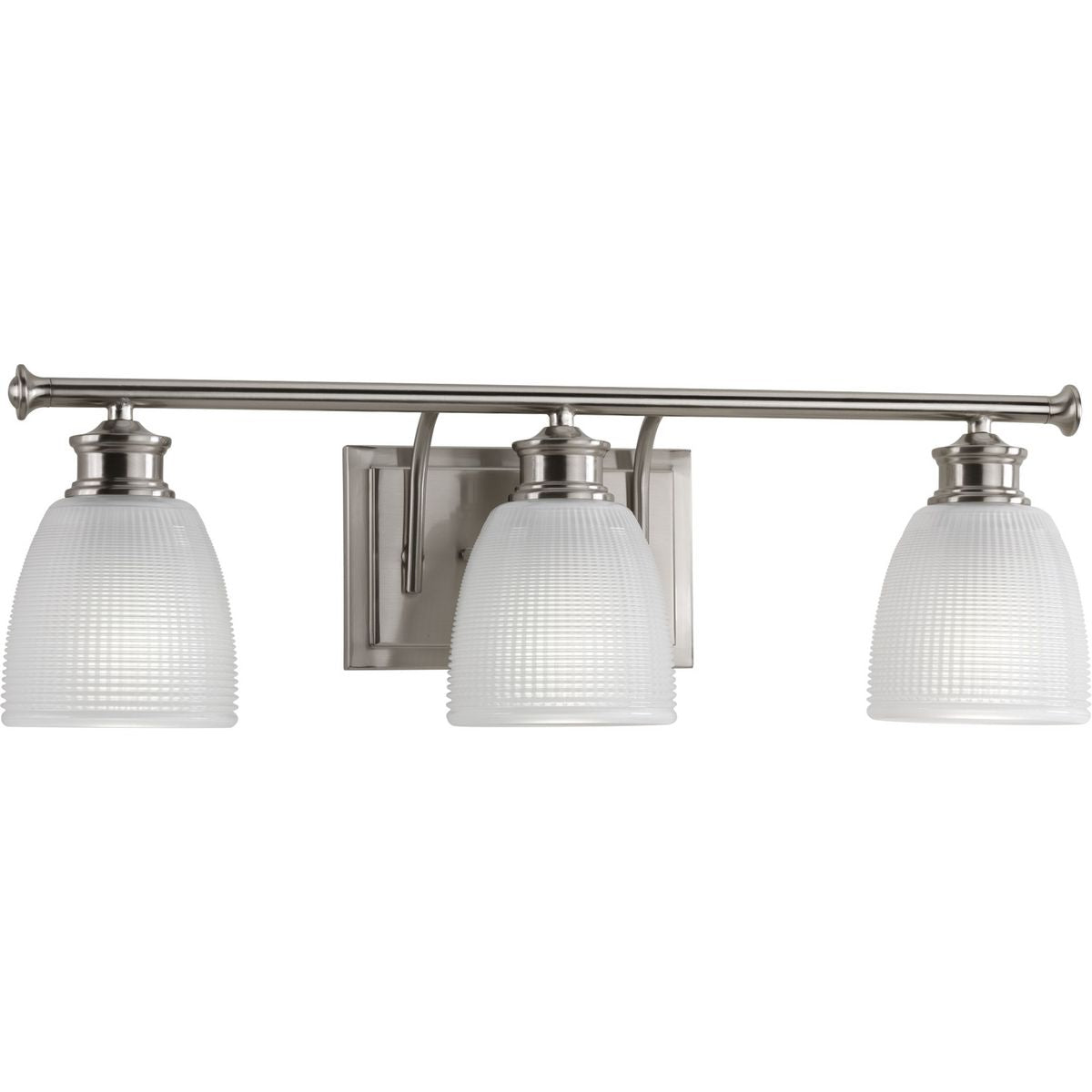 PROGRESS LIGHTING P2117-09 Brushed Nickel Lucky Collection Three-Light Brushed Nickel Frosted Prismatic Glass Coastal Bath Vanity Light