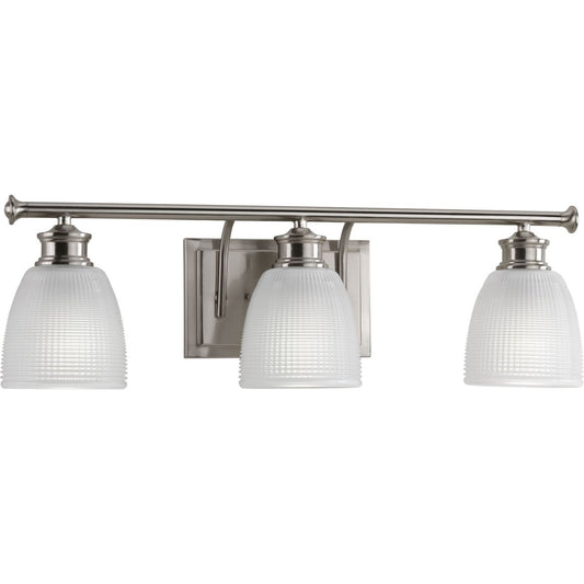PROGRESS LIGHTING P2117-09 Brushed Nickel Lucky Collection Three-Light Brushed Nickel Frosted Prismatic Glass Coastal Bath Vanity Light