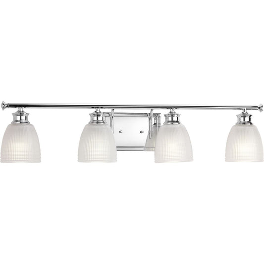 PROGRESS LIGHTING P2118-15 Polished Chrome Lucky Collection Four-Light Polished Chrome White Prismatic Glass Coastal Bath Vanity Light