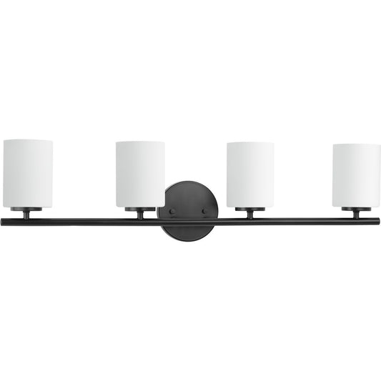 PROGRESS LIGHTING P2160-31 Textured Black Replay Collection Four-Light Textured Black Etched Glass Modern Bath Vanity Light