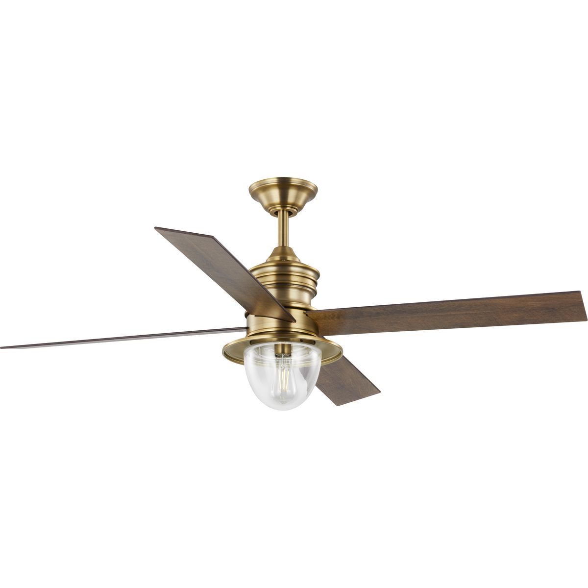 PROGRESS LIGHTING P250075-163-WB Vintage Brass Gillen 56" 4-Blade LED Indoor/Outdoor Vintage Brass Vintage Electric Ceiling Fan with Light Kit and Clear Glass Shade