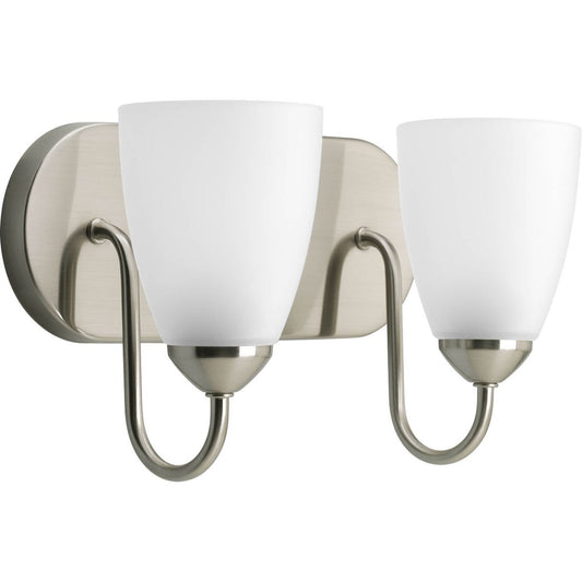 PROGRESS LIGHTING P2707-09 Brushed Nickel Gather Collection Two-Light Brushed Nickel Etched Glass Traditional Bath Vanity Light