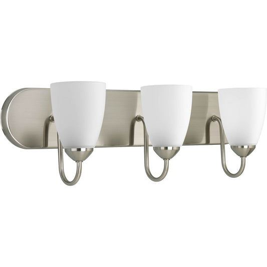 PROGRESS LIGHTING P2708-09 Brushed Nickel Gather Collection Three-Light Brushed Nickel Etched Glass Traditional Bath Vanity Light