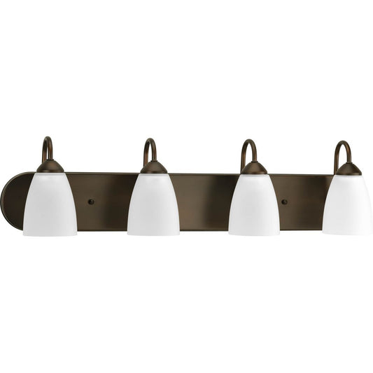 PROGRESS LIGHTING P2709-20 Antique Bronze Gather Collection Four-Light Antique Bronze Etched Glass Traditional Bath Vanity Light