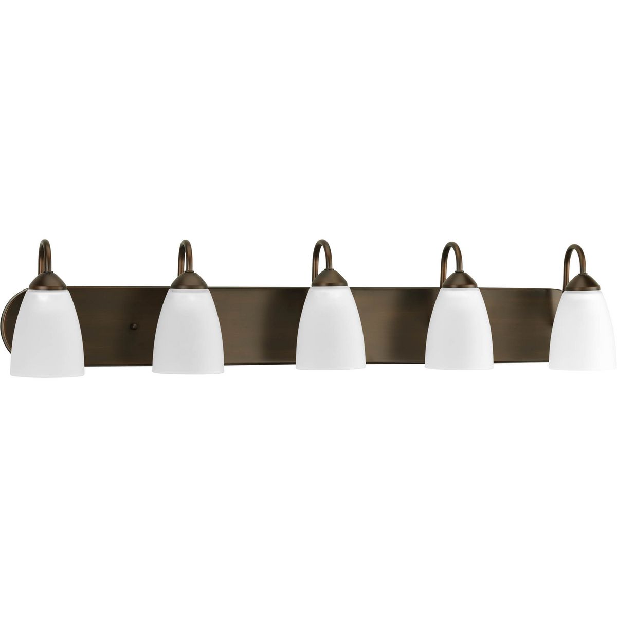 PROGRESS LIGHTING P2713-20 Antique Bronze Gather Collection Five-Light Antique Bronze Etched Glass Traditional Bath Vanity Light