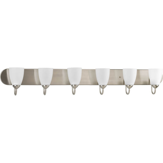 PROGRESS LIGHTING P2714-09 Brushed Nickel Gather Collection Six-Light Brushed Nickel Etched Glass Traditional Bath Vanity Light