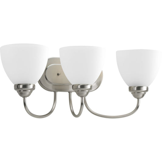 PROGRESS LIGHTING P2919-09 Brushed Nickel Heart Collection Three-Light Brushed Nickel Etched Glass Farmhouse Bath Vanity Light