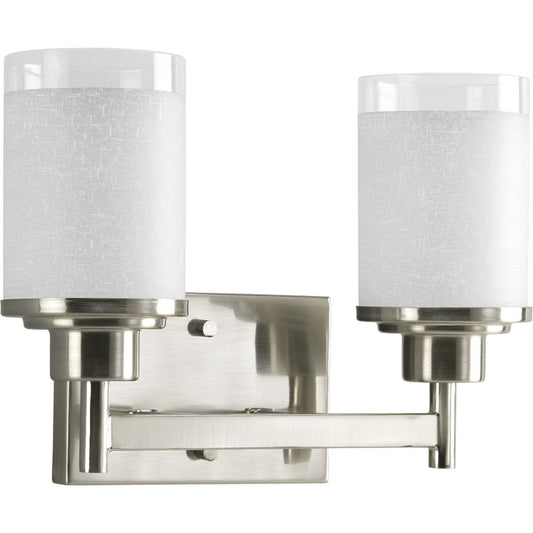 PROGRESS LIGHTING P2977-09 Brushed Nickel Alexa Collection Two-Light Brushed Nickel Etched Linen With Clear Edge Glass Modern Bath Vanity Light