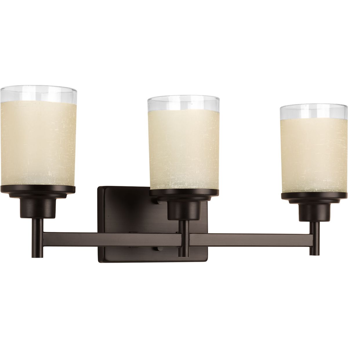 PROGRESS LIGHTING P2978-20 Antique Bronze Alexa Collection Three-Light Antique Bronze Etched Umber Linen With Clear Edge Glass Modern Bath Vanity Light