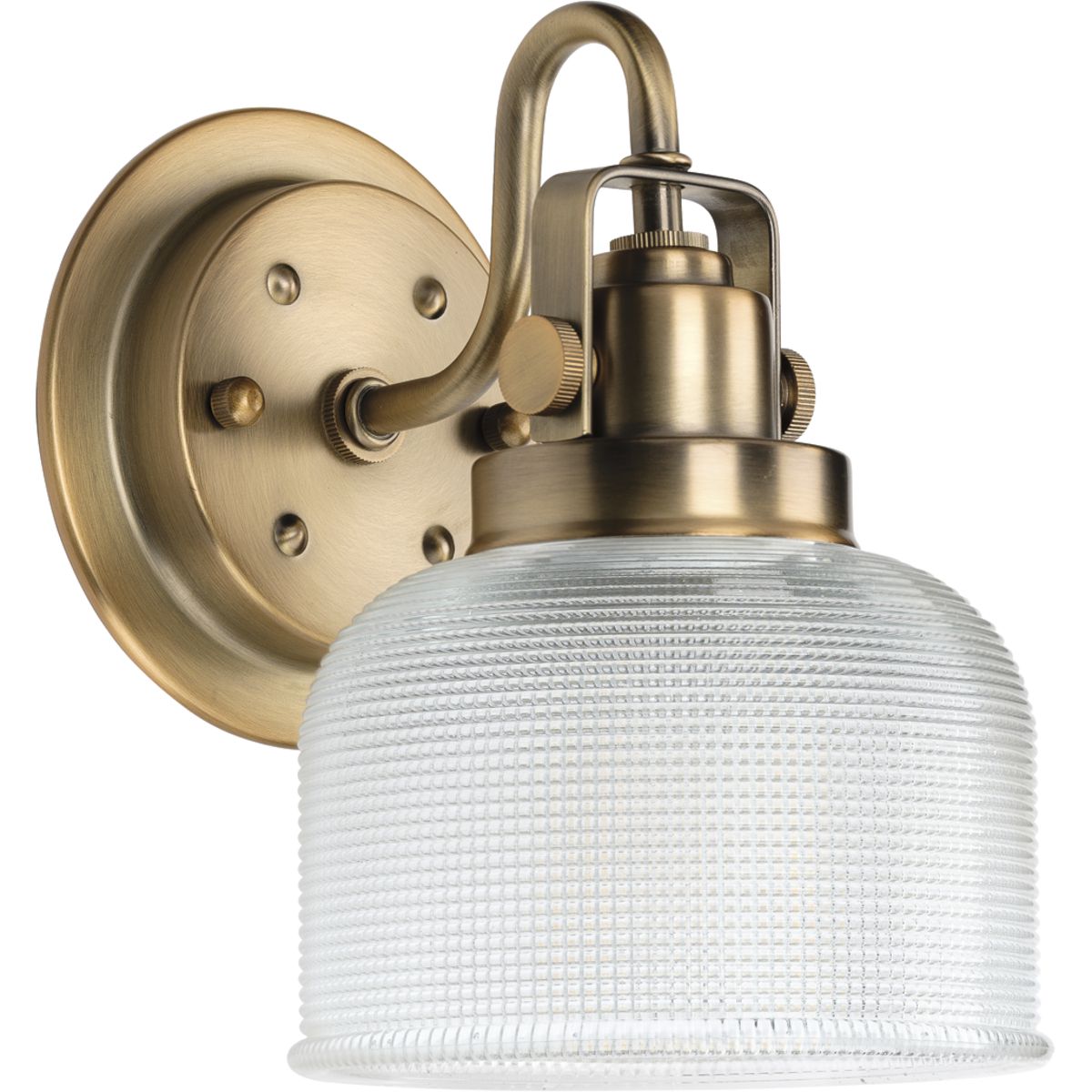PROGRESS LIGHTING P2989-163 Vintage Brass Archie Collection One-Light Vintage Brass Clear Double Prismatic Glass Coastal Bath Vanity Light