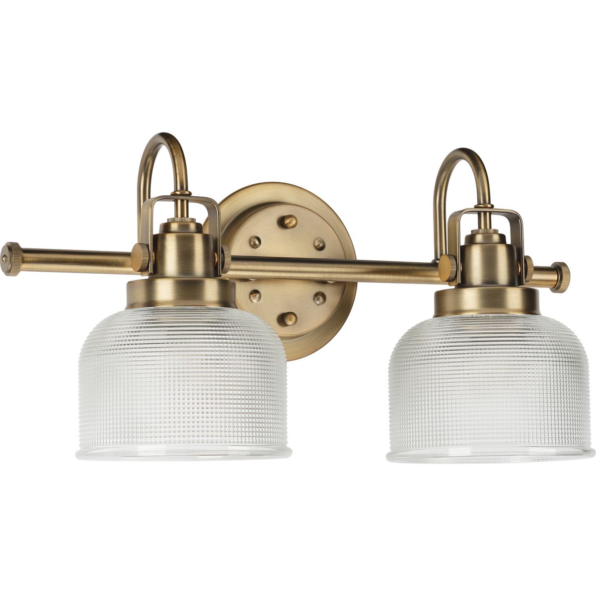 PROGRESS LIGHTING P2991-163 Vintage Brass Archie Collection Two-Light Vintage Brass Clear Double Prismatic Glass Coastal Bath Vanity Light