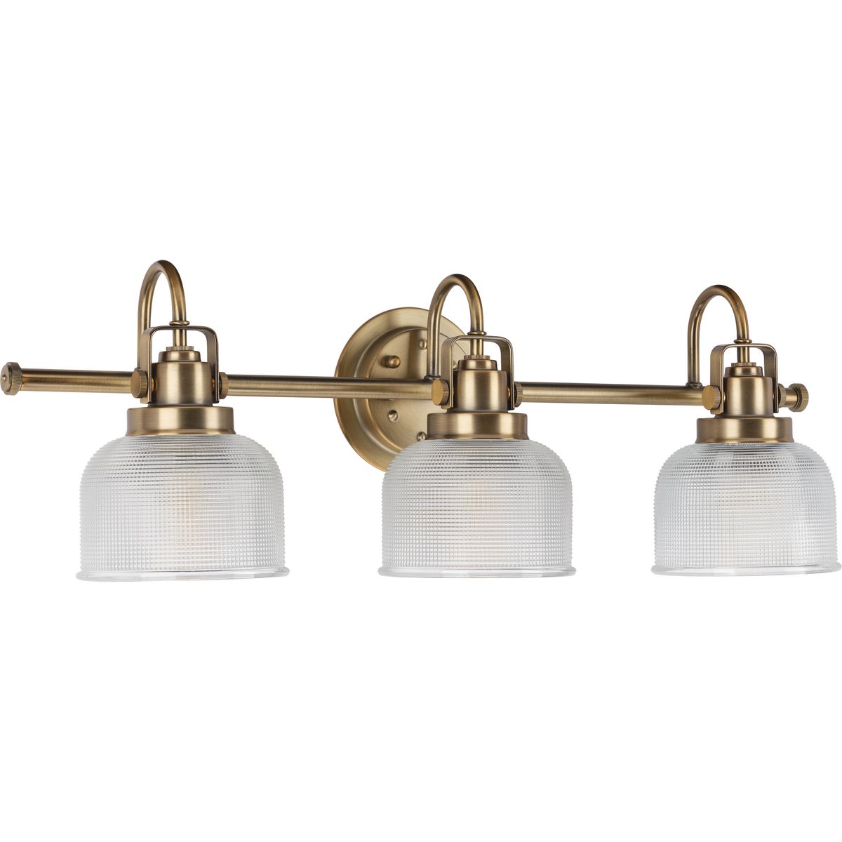 PROGRESS LIGHTING P2992-163 Vintage Brass Archie Collection Three-Light Vintage Brass Clear Double Prismatic Glass Coastal Bath Vanity Light