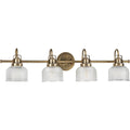 PROGRESS LIGHTING P2997-163 Vintage Brass Archie Collection Four-Light Vintage Brass Clear Double Prismatic Glass Coastal Bath Vanity Light
