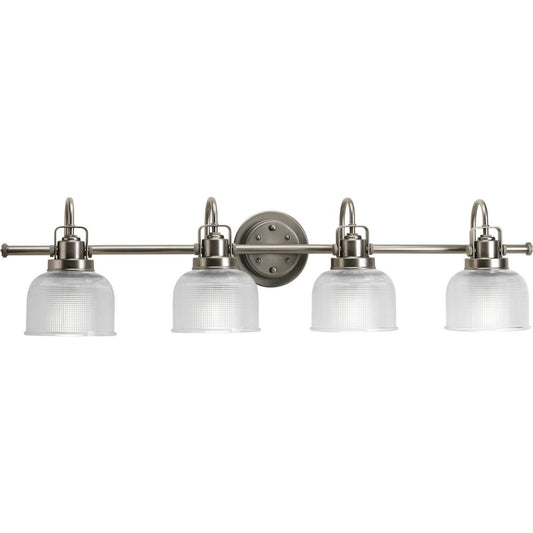 PROGRESS LIGHTING P2997-81 Antique Nickel Archie Collection Four-Light Antique Nickel Clear Double Prismatic Glass Coastal Bath Vanity Light