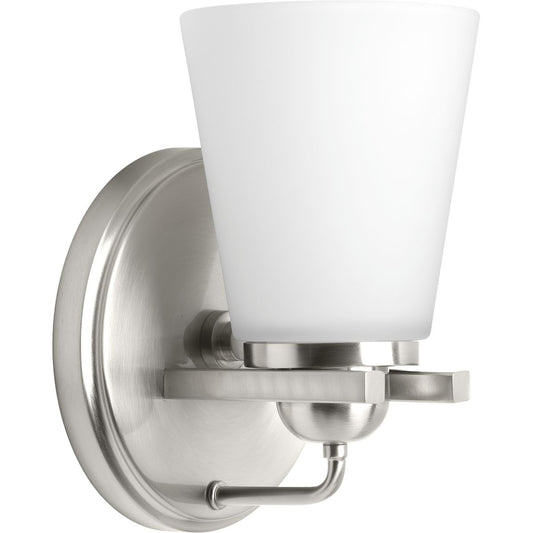 PROGRESS LIGHTING P300000-009 Brushed Nickel Flight Collection One-Light Brushed Nickel Etched Glass Coastal Bath Vanity Light