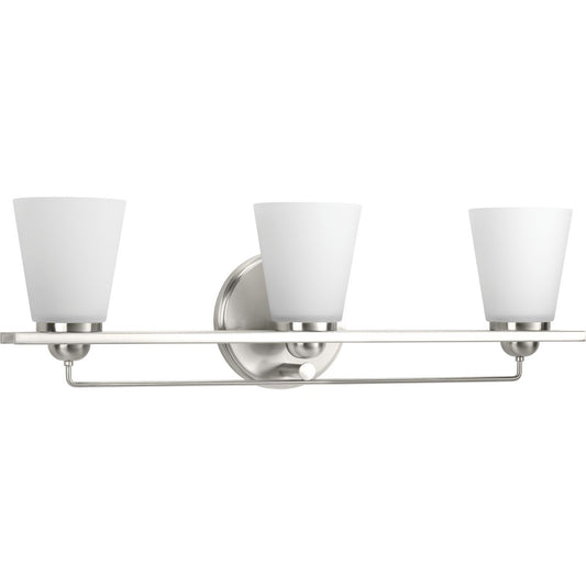 PROGRESS LIGHTING P300002-009 Brushed Nickel Flight Collection Three-Light Brushed Nickel Etched Glass Coastal Bath Vanity Light