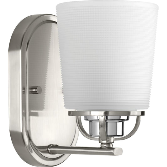 PROGRESS LIGHTING P300004-009 Brushed Nickel West Village Collection One-Light Brushed Nickel Etched Double Prismatic Glass Farmhouse Bath Vanity Light