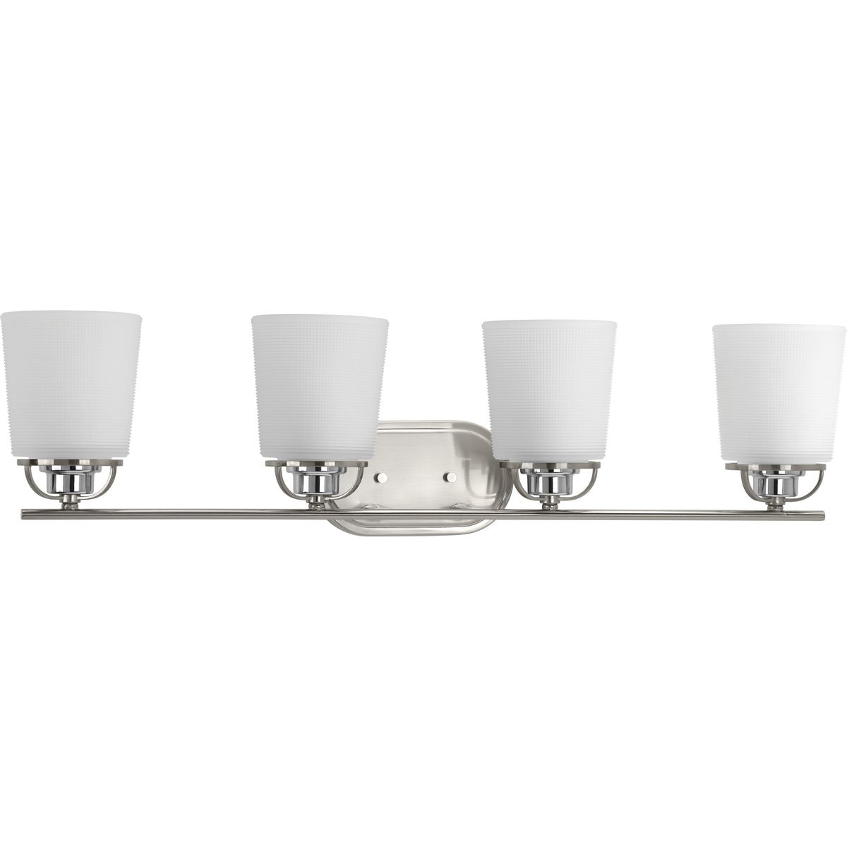 PROGRESS LIGHTING P300007-009 Brushed Nickel West Village Collection Four-Light Brushed Nickel Etched Double Prismatic Glass Farmhouse Bath Vanity Light