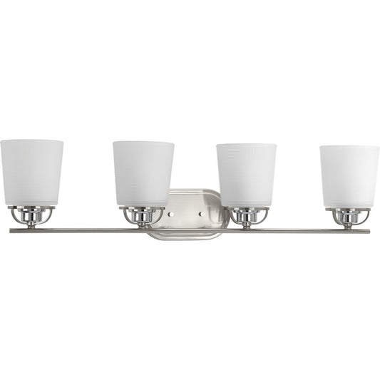 PROGRESS LIGHTING P300007-009 Brushed Nickel West Village Collection Four-Light Brushed Nickel Etched Double Prismatic Glass Farmhouse Bath Vanity Light