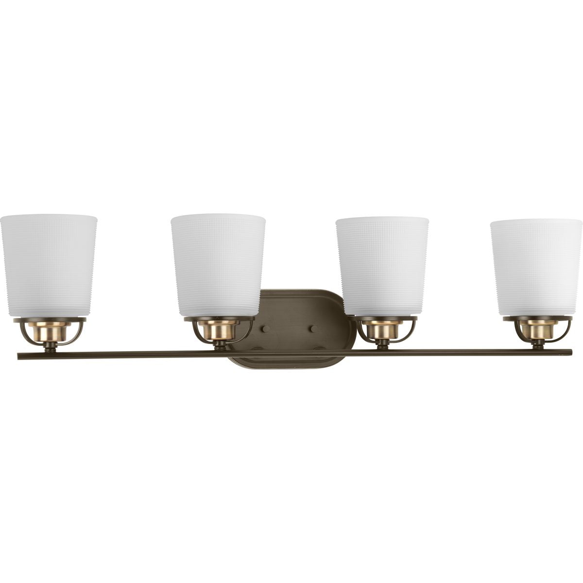 PROGRESS LIGHTING P300007-020 Antique Bronze West Village Collection Four-Light Antique Bronze Etched Double Prismatic Glass Farmhouse Bath Vanity Light