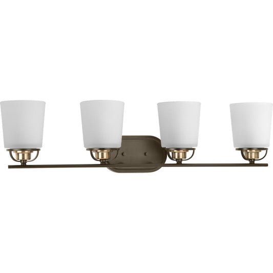 PROGRESS LIGHTING P300007-020 Antique Bronze West Village Collection Four-Light Antique Bronze Etched Double Prismatic Glass Farmhouse Bath Vanity Light