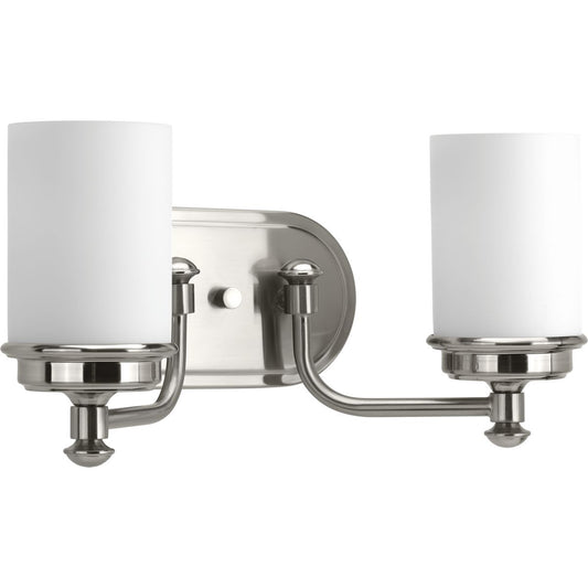PROGRESS LIGHTING P300013-009 Brushed Nickel Glide Collection Two-Light Brushed Nickel Etched Opal Glass Coastal Bath Vanity Light