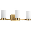 PROGRESS LIGHTING P300022-109 Brushed Bronze Elevate Collection Three-Light Brushed Bronze Etched White Glass Mid-Century Modern Bath Vanity Light