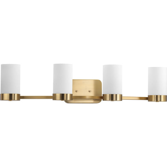 PROGRESS LIGHTING P300023-109 Brushed Bronze Elevate Collection Four-Light Brushed Bronze Etched White Glass Mid-Century Modern Bath Vanity Light