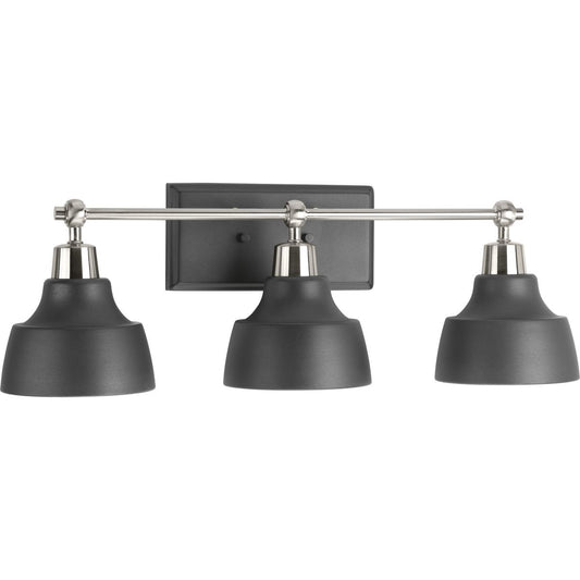 PROGRESS LIGHTING P300041-009 Brushed Nickel Bramlett Collection Three-Light Brushed Nickel Graphite Metal Shade Coastal Bath Vanity Light