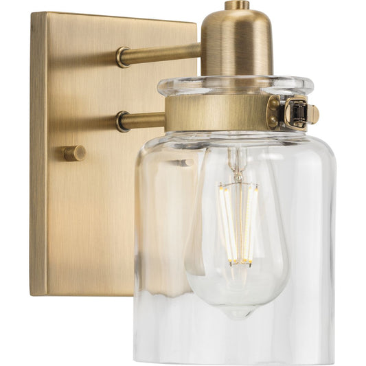 PROGRESS LIGHTING P300045-163 Vintage Brass Calhoun Collection One-Light Vintage Brass Clear Glass Farmhouse Bath Vanity Light