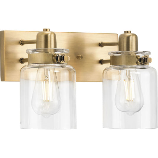 PROGRESS LIGHTING P300046-163 Vintage Brass Calhoun Collection Two-Light Vintage Brass Clear Glass Farmhouse Bath Vanity Light