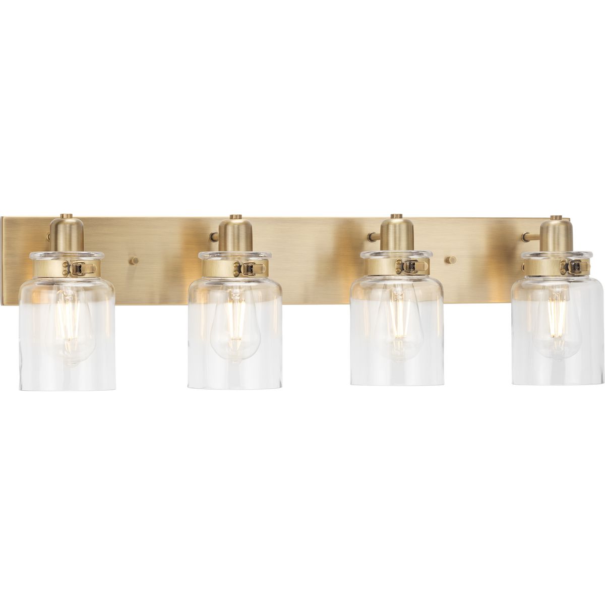 PROGRESS LIGHTING P300048-163 Vintage Brass Calhoun Collection Four-Light Vintage Brass Clear Glass Farmhouse Bath Vanity Light
