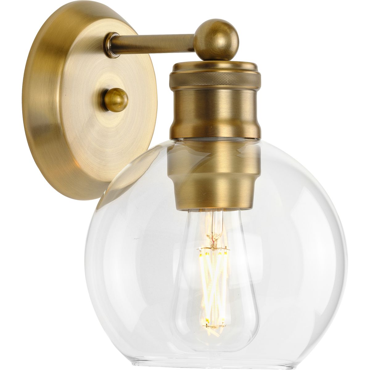 PROGRESS LIGHTING P300049-163 Vintage Brass Hansford Collection One-Light Vintage Brass Clear Glass Farmhouse Bath Vanity Light