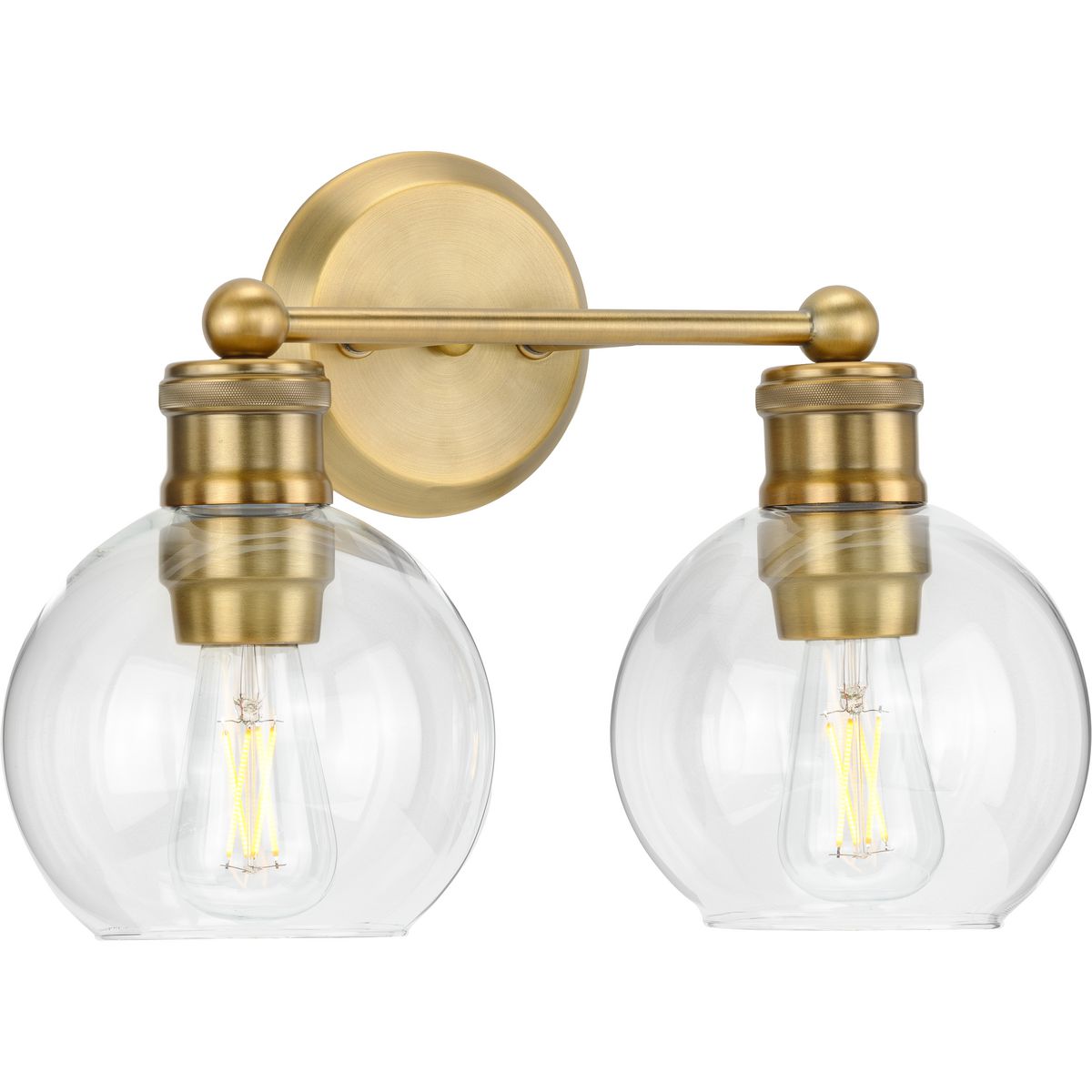 PROGRESS LIGHTING P300050-163 Vintage Brass Hansford Collection Two-Light Vintage Brass Clear Glass Farmhouse Bath Vanity Light