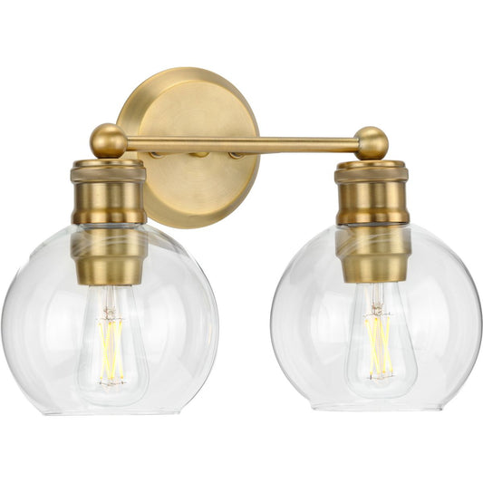 PROGRESS LIGHTING P300050-163 Vintage Brass Hansford Collection Two-Light Vintage Brass Clear Glass Farmhouse Bath Vanity Light