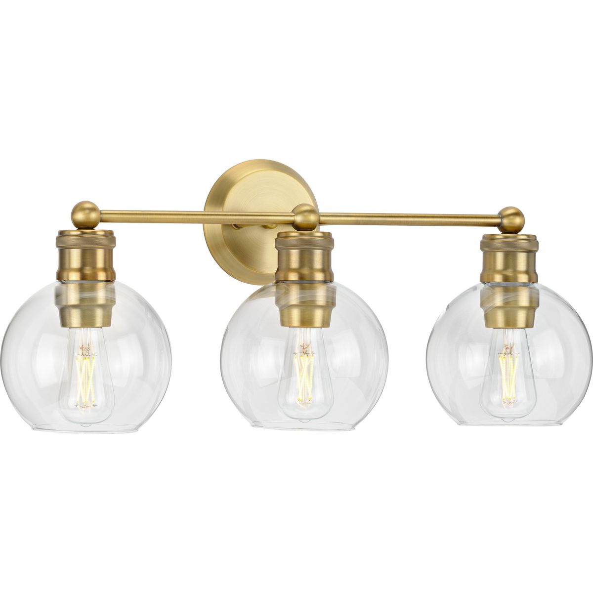 PROGRESS LIGHTING P300051-163 Vintage Brass Hansford Collection Three-Light Vintage Brass Clear Glass Farmhouse Bath Vanity Light