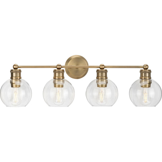 PROGRESS LIGHTING P300052-163 Vintage Brass Hansford Collection Four-Light Vintage Brass Clear Glass Farmhouse Bath Vanity Light