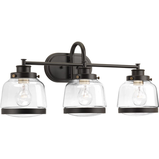 PROGRESS LIGHTING P300082-020 Antique Bronze Judson Collection Three-Light Antique Bronze Clear Glass Farmhouse Bath Vanity Light