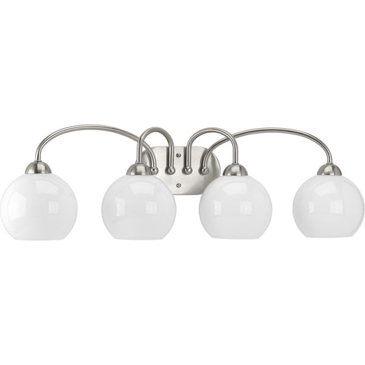 PROGRESS LIGHTING P300087-009 Brushed Nickel Carisa Collection Four-Light Brushed Nickel Opal Glass Mid-Century Modern Bath Vanity Light