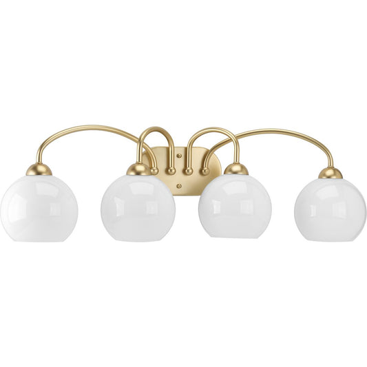 PROGRESS LIGHTING P300087-078 Vintage Gold Carisa Collection Four-Light Vintage Gold Opal Glass Mid-Century Modern Bath Vanity Light