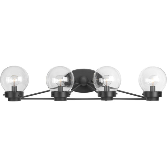 PROGRESS LIGHTING P300115-031 Matte Black Spatial Collection Four-Light Matte Black Clear Glass Global Bath Vanity Light
