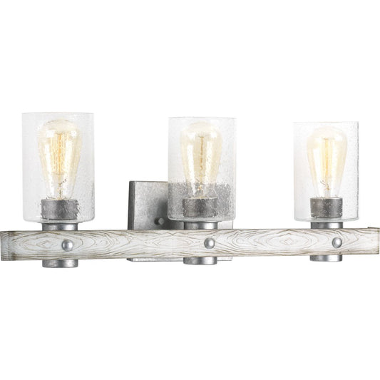 PROGRESS LIGHTING P300125-141 Galvanized Finish Gulliver Collection Three-Light Galvanized Finish Clear Seeded Glass Coastal Bath Vanity Light