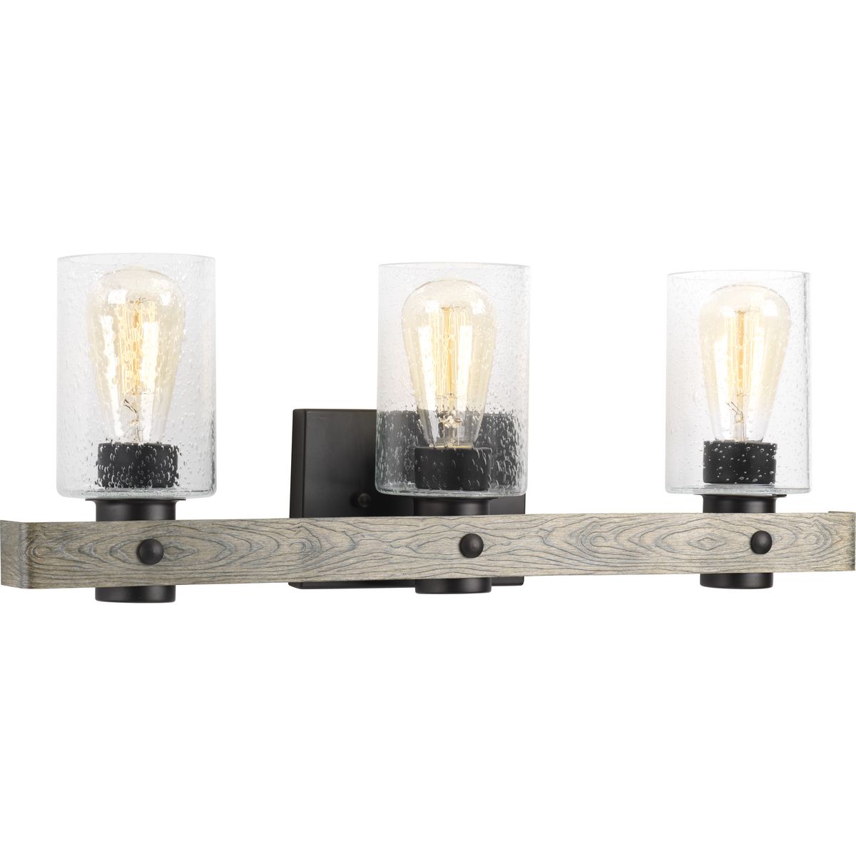 PROGRESS LIGHTING P300125-143 Graphite Gulliver Collection Three-Light Graphite Clear Seeded Glass Coastal Bath Vanity Light