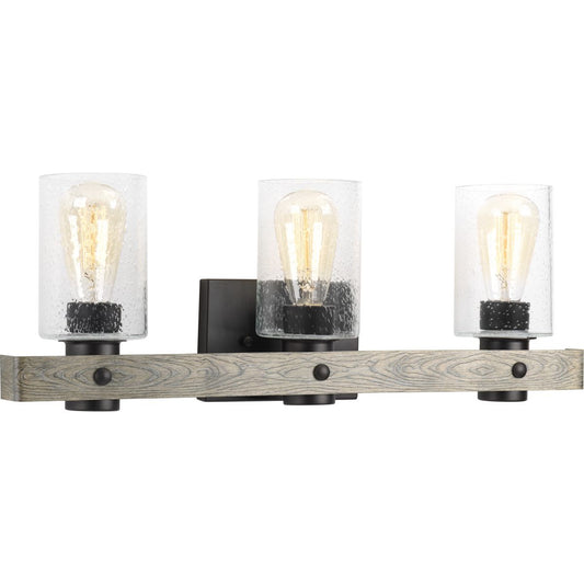 PROGRESS LIGHTING P300125-143 Graphite Gulliver Collection Three-Light Graphite Clear Seeded Glass Coastal Bath Vanity Light