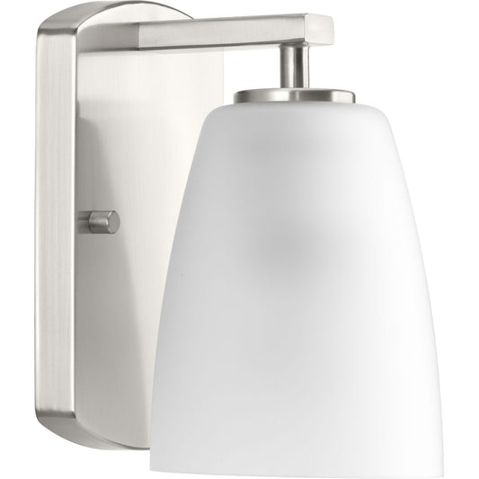 PROGRESS LIGHTING P300131-009 Brushed Nickel Leap Collection One-Light Brushed Nickel Etched Glass Modern Bath Vanity Light